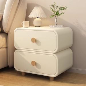 MINGLI | Modern Simple Real Wood Bedside Table with Double Drawers Cat Paw Leather