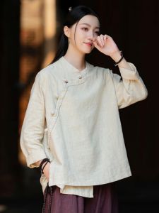 New Chinese Style Womens Long Sleeve Shirt Linen Cotton Stand Collar Side Buttoned Tea Costume Loose Fit Versatile Autumn Spring Fashion