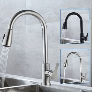 Stainless steel pull-down kitchen faucet single-hole installation ceramic valve core G1/2 Asian standard inlet.