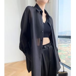 chaqi | Áo chống nắng tay dài vải voan thường ngày mùa hè 2024 Áo khoác cardigan mỏng mới cho nữ Áo sơ mi rộng rãi dáng dài phong cách công sở