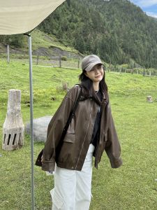 Cool Leather Jacket Womens 2025 Spring Autumn New Style Brown American Retro High Sensation Motorcycle Jacket Commute Loose Fit