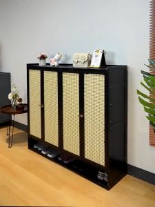 LACCOHUG Bamboo Rattan Woven Shoe Cabinet Black 2/3/4 Doors Large Capacity Rak Kasut Murah Shoe Rack Wood