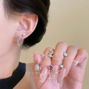 Titanium Steel Integrated Chain Ear Bone Studs Womens Double Ear Hole Jewelry Earrings Fashionable Korean Style Geometry Pattern