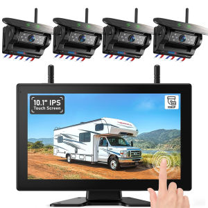 10 Inch Solar Wireless DVR Monitor 4CH BSD Alarm Front Rear View Reverse Camera Kit for Truck Bus Trailer Heavy Duty Vehicle