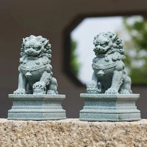 Pair of Chinese Style Stone Lion Qilin Statues Feng Shui Wealth Lucky Home Office Decor Desktop Ornaments Mascots