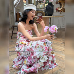DANTING | Romantic Floral Strapless Layered Summer Vacation Dress