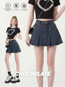 Jean Pleated High Waist A-Line Mini Skirt