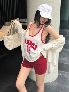 YUEZHONGWEI | Áo ba lỗ không tay dệt kim cổ chữ U màu đỏ kiểu Mỹ cho nữ mùa hè Áo khoác ngoài rộng rãi thường ngày bằng vải polyester