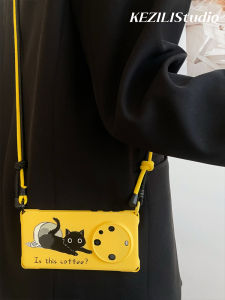 Adorable Coffee Cup Black Cat Phone Case with Lanyard Adjustable Strap Durable TPU Protective Cover for Huawei Mate60 pro  16 Xiaomi 14 pro