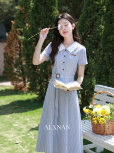 Váy Dài Đi Làm Mới Thanh Lịch Họa Tiết Sọc Xanh Pháp cho Mùa Hè