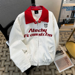 แจ็คเก็ตคอปกพับลายทางชาย ทรงหลวม ทรงหลวม ลายตัวอักษร แจ็คเก็ตฤดูใบไม้ผลิและฤดูใบไม้ร่วง สไตล์สตรีท แจ็คเก็ตผู้ชาย