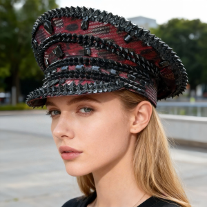 HongLuan Red Steampunk Rhinestone Captain Hat for Adults Burningman Festival Woman Vintage Military Cap for Man New Designs