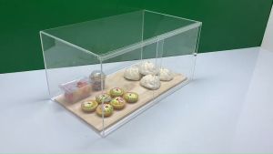 60x30x30 มม ตู้อะคริลิคใส ลูกชิ้นหรือโดนัท รุ่นเปิดโล่งด้านหลัง และบานสไลด์ด้านหลัง