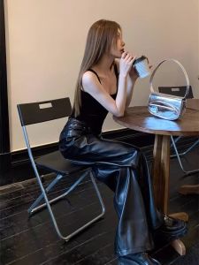 Fashionable High Waist Straight Leg PU Leather Pants Womens Wide Leg Pants Autumn 2025 Korean Style Commute Style Long Pants