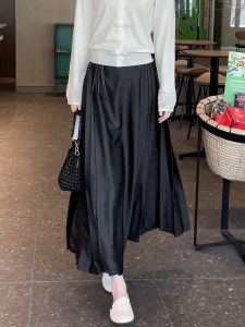 Mayya plus Womens Midi Skirt Spring New Style Black Pleated Drapey High Waist A-Line Skirt Chinese Style Polyester Fiber