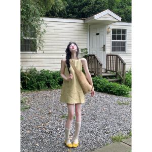 Yellow Floral Print round Neck Sleeveless Dress Womens Summer High-End Unique Vest Skirt A-Line Short Dress No Waistline