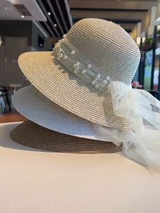 Nón cói thời trang chống nắng đi biển phối nơ đính hạt có dây rút điều chỉnh vòng đầu