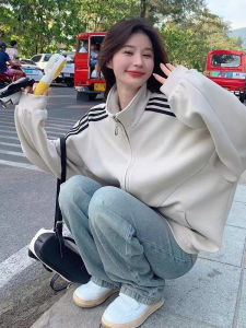 Áo Khoác Nỉ Sọc Cổ Đứng Phong Cách Đại Học Mỹ Cho Nữ Xuân Thu Mới Cỡ Nhỏ Rộng Rãi Thường Ngày Giảm Tuổi Tác Cardigan Thời Trang