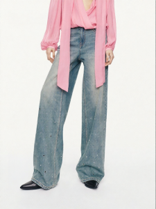 MO&Co. | Seasonal Spring Autumn Rhinestone Studded Lace-Up Cotton Boxyfit Wide Leg Jeans