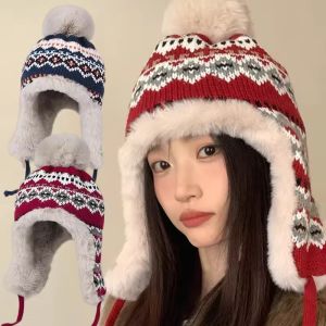 Winter Knitted Fluzzy Russain Hat Thermal Earflap Outdoor Ski Cap New Female Thick Warm Winter Beanie Hat Fur Pompom Bomber Hat