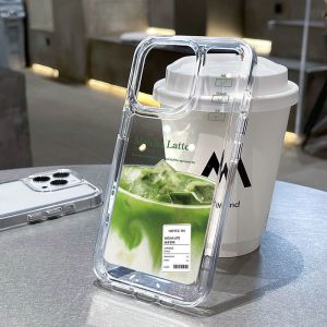  Summer Matcha Iced Latte Creative Transparent Protective Case for  14 11/12Promax XS/XR Anti-Fall  Shell