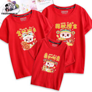 CNY T-shirt 2025 Snake Year Parent Child Printed Pattern Round Neck 100% Cotton 金蛇迎春 Short Sleeve Couple and Family Collection Childrens Boys and Girls Loose Large Size Birthday T-shirt 蛇年T恤