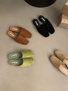 Retro Flat Bottom Velvet Bread Head Semi Slippers Womens Summer New Fashion Versatile Lazy Commute Hollow out Slip-On Shoes