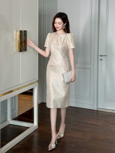 Elegant Summer Long Dress Womens Design Slim Fit Luxury Embroidery Waist Cinch Heavy Embellished Diamond Embedded Dress