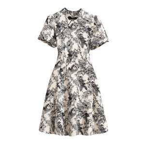 Tina CLUB plus Size Summer Dress Slimming Chinese Style Watercolor Print A-Line Midi Dress Korean Commute Fashion Bubble Sleeve