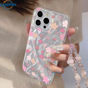 CASEPIPI Case hp iPhone 11 iPhone 7 Plus 12 14 13 15 Pro Max iPhone XR 8Plus X XS Max iPhone 6s 7 8 6 Plus SE 2020 Casing Lanyard Feather Lanyard Casing Kupu-kupu simpul pita warna-warni bunga sakura Motif Bracelet Hard Case