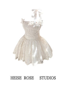 White Lace Butterfly Knot Tube Top Dress Women Summer 2025 New Birthday Party Mini Puffy Skirt Princess Style High Waist