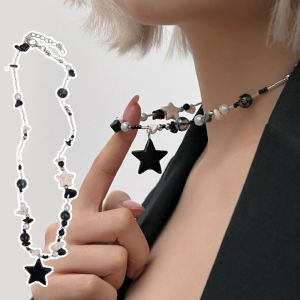 Y2K Black Star Pentagram Beaded Choker Necklace for Women Vintage Sweet Cool Trendy Collar Beaded Link Chain Harajuk Jewelry