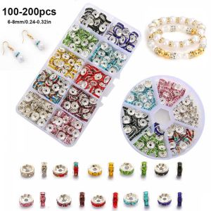 100-200pcs 6/8mm Metal Rhinestone Rondelles Crystal Beads Round Loose Spacer Beads For Fashion Making DIY Accessories