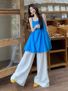 unifittoo | Blue Flower Bud Strap Top White Wide Leg Pants Set