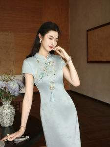 New Chinese Style Matte Satin Floral Embroidery Summer Dress