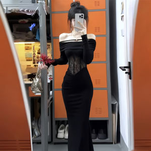 ชุดเดรสยาวสีดำไหล่เดียว ชุดไปงานปาร์ตี้ฤดูใบไม้ร่วง/ฤดูหนาว ชุดเดรสยาวสีดำ ทรงเข้ารูป เดรสยาวคลุมเข่า แขนยาว คอวี