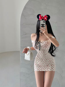 YoungGirlDay Cotton Bodycon Dress Single Piece Summer Wardrobe for Women Sweet Girl Printed Peach Waist-Length Skirt with Straps