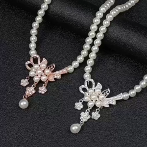 Summer Pearl Flower Necklace Earrings Set Women Korean Fashion Earring Neck Lace Set Bridal Evening Dress Jewelry Accessories