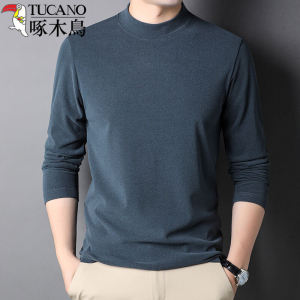 TUCANO Autumn Mens Mid-aged Long Sleeve T-shirt Velvet Casual Half High Collar Solid Color Top Business Casual round Neck