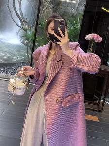 GOUWU | Long Purple Double-faced Tweed Coat