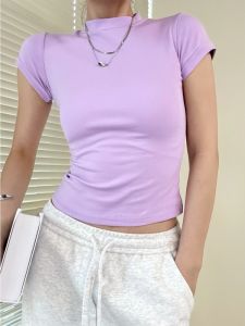 Áo Thun Tay Ngắn Ôm Vừa Vặn Màu Trơn Cổ Cao Mùa Hè Cho Nữ Áo Thun Cotton Pha Trộn Màu Tím Áo Thun Thường Ngày
