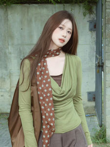 ผ้าพันคอไหมลายจุดสีน้ำตาลสไตล์ฝรั่งเศสสำหรับผู้หญิง สไตล์เกาหลี ผ้าคลุมศีรษะแฟชั่น ผ้าพันคอแบบยาวสำหรับผู้ชายและผู้หญิง