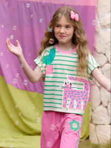 PPTOWN | Cute Cat Print Girls Striped T-Shirt