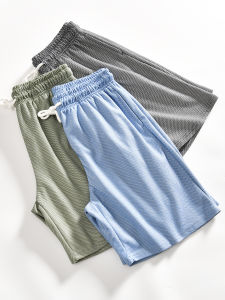 Mens Skin-friendly Breathable Elastic Waist Loose Fit Five-pocket Short Pants Summer Casual Cotton Trousers Straight Leg