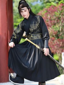 Chinese Style Dragon Pattern Domineering Bright Silk Guard Flying Fish Suit Martial Arts Traditional Chinese Clothing Men Cross Collar Robe Wristband Autumn