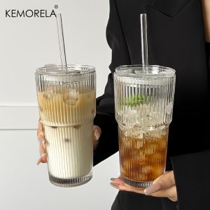 KEMORELA 1/2PCS Stripe Coffee Glass Cup With Lid Straw or without Cover Clear Bubble Tea Cup Juice Glass Mocha Cup Breakfast Mug