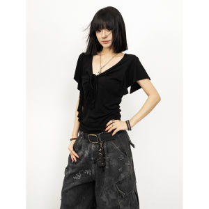 Irregular V-Neck Thin Strappy Cinched Waist Slim T-shirt