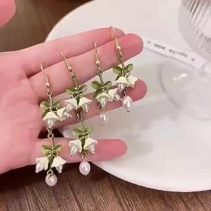 White Bellflower Flower Hoops Bracelet Necklace Fairy Tale Style Summer New Girls Clavicle Chain Ear Clip Bracelet Jewelry