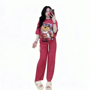 Korean cartoon bear loose short sleeve wide leg pants age reduction fashion casual two-piece set