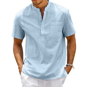 king billion | Cotton Linen Shirt Men Henley Neck Pocket Casual Beach Short Sleeve Solid Color Male Tops T-shirts Vintage Streetwear